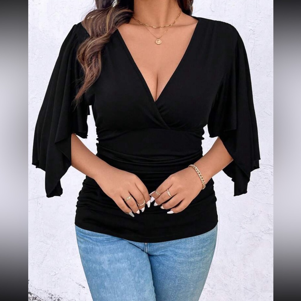 Plus Size V-Neck Ruffle T-Shirt Top Blouse Shirt Black